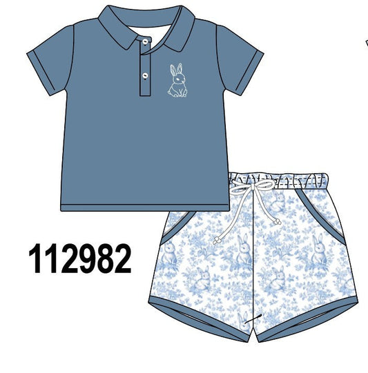 Navy bunny embroidery shorts set