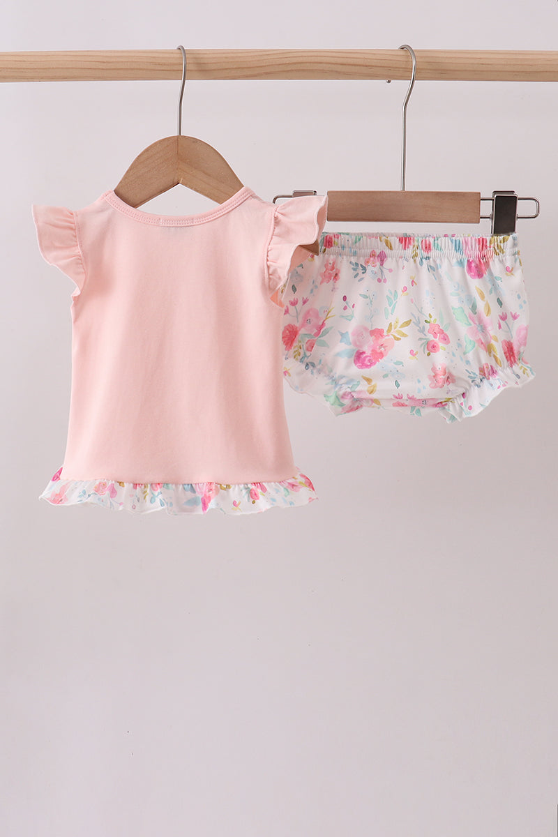 Pink floral bunny applique bloomer set