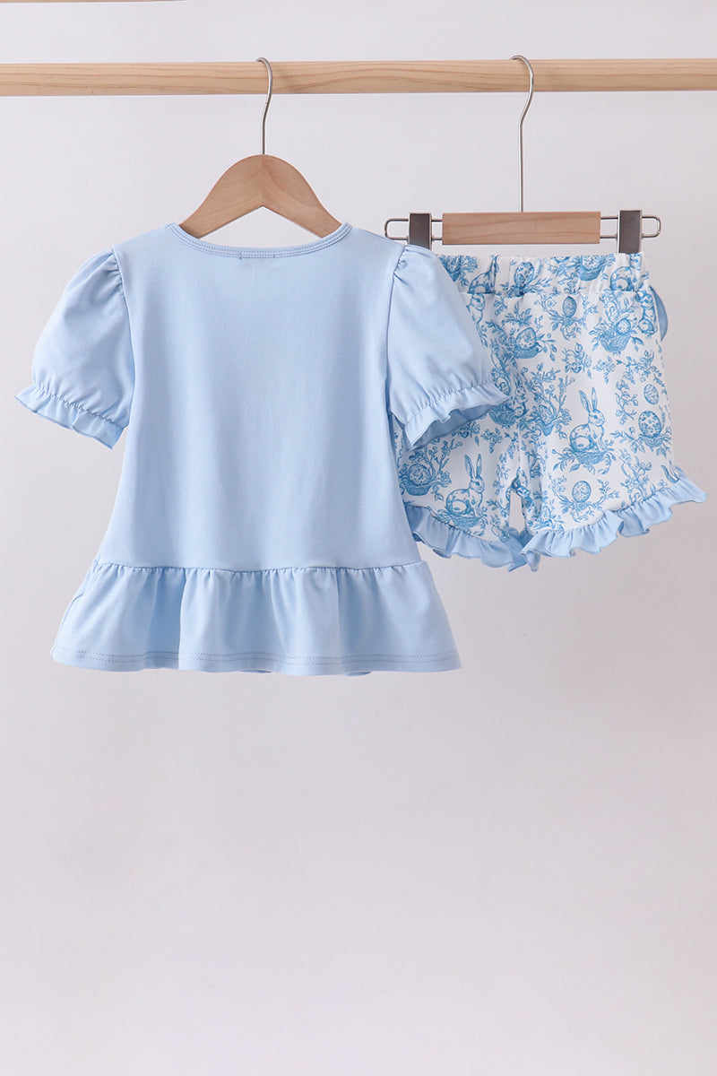 Blue bunny applique ruffle shorts set