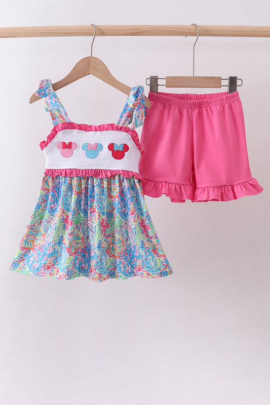 Pink character smocked ruffle bloomer set