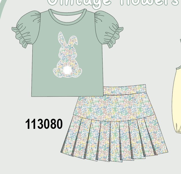 Sage floral bunny applique skorts set