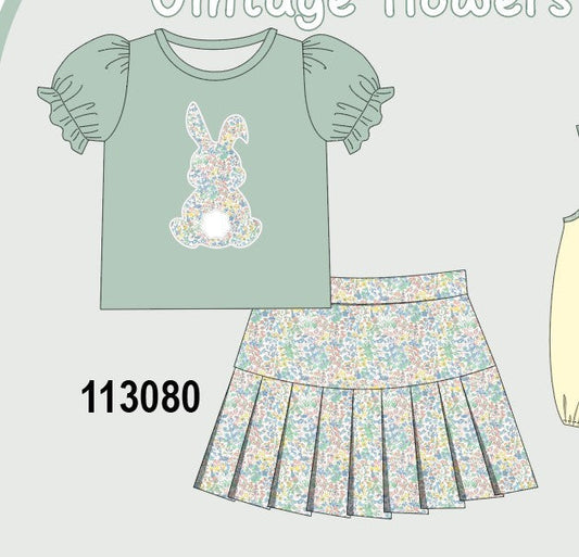 Sage floral bunny applique skorts set