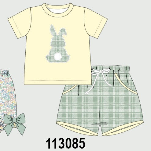 Yellow bunny applique plaid shorts set