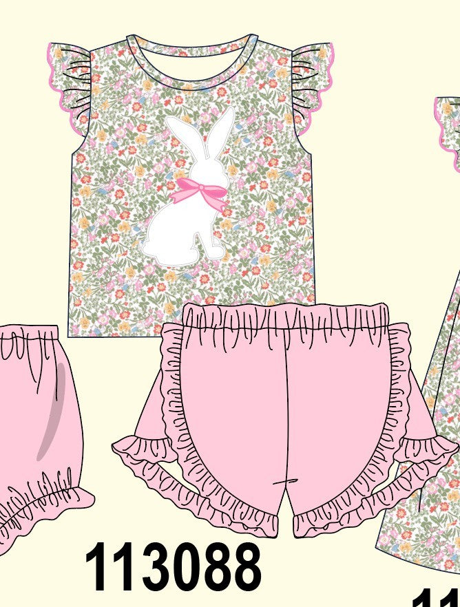 Floral bunny applique ruffle shorts set