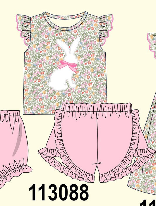 Floral bunny applique ruffle shorts set