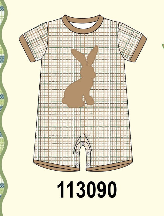 Brown bunny applique plaid romper