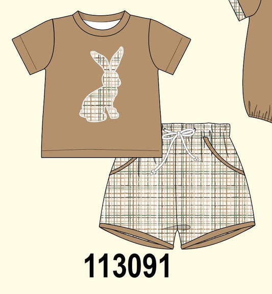 Brown plaid bunny applique shorts set