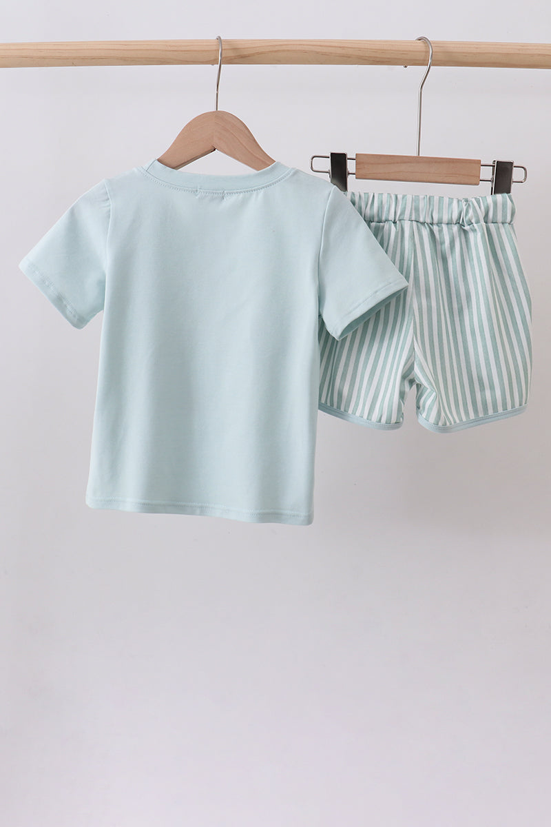 Blue stripe bunny applique shorts set