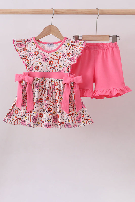 Pink baseball print ruffle shorts set
