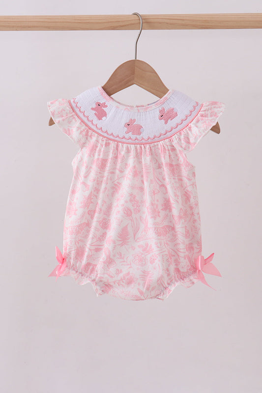 Pink bunny smocked ruffle bow bubble