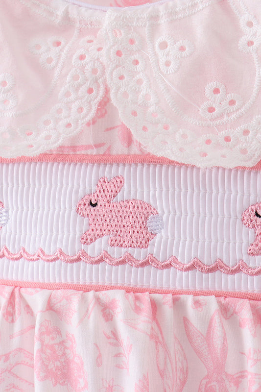 Pink bunny smocked lace collar bow bloomer set