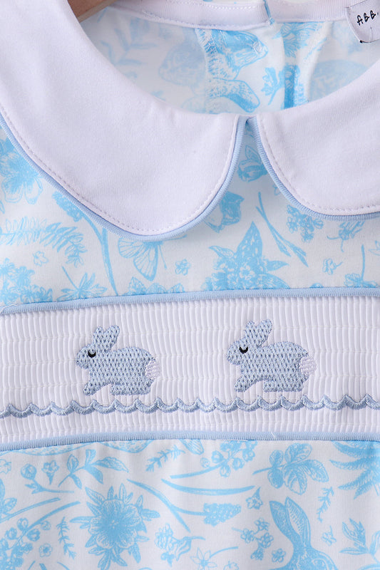 Blue bunny smocked peter pan collar shorts set