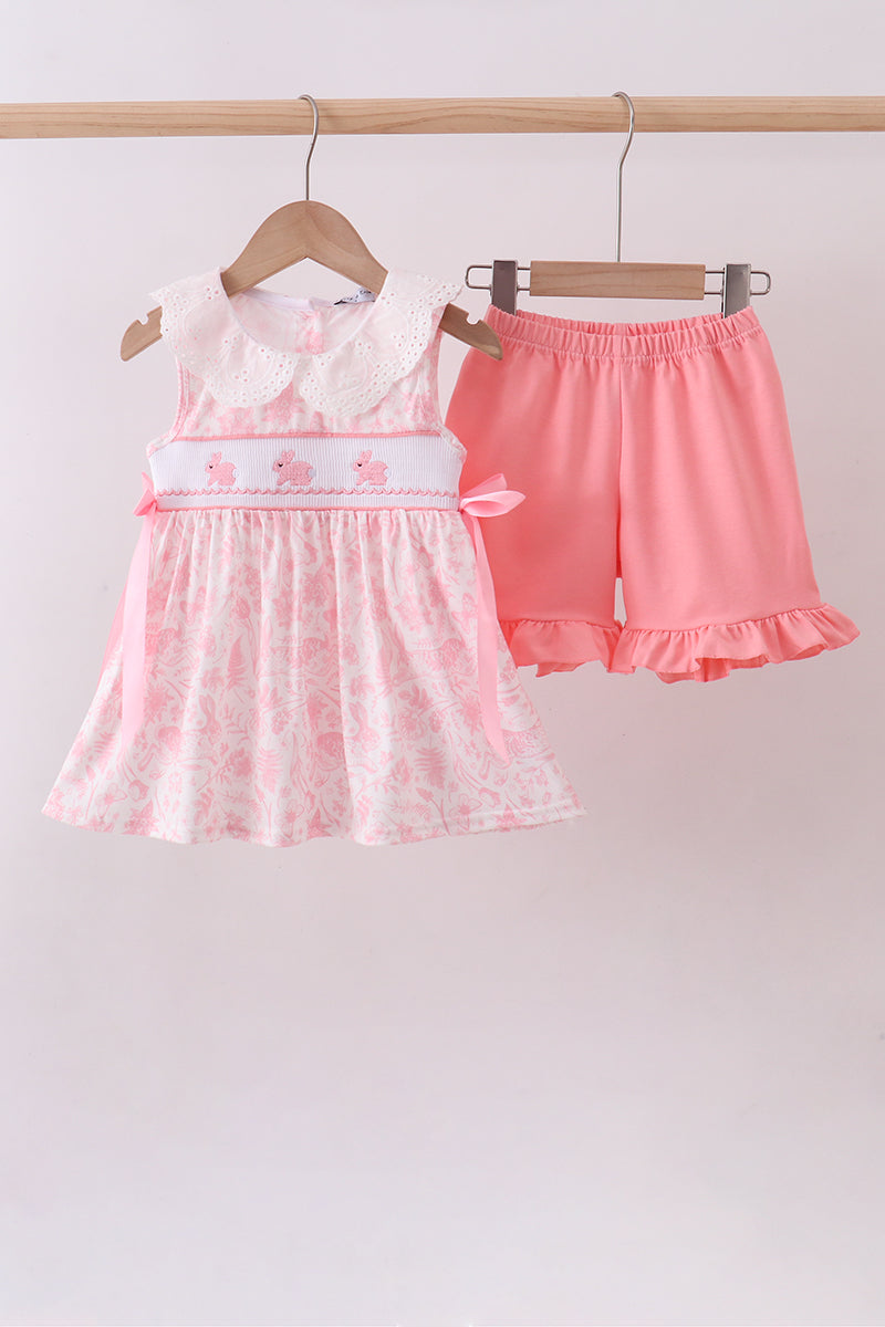 Pink bunny smocked lace collar shorts set