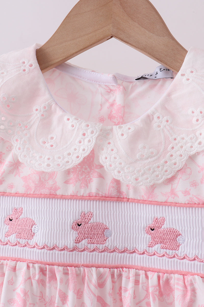 Pink bunny smocked lace collar shorts set