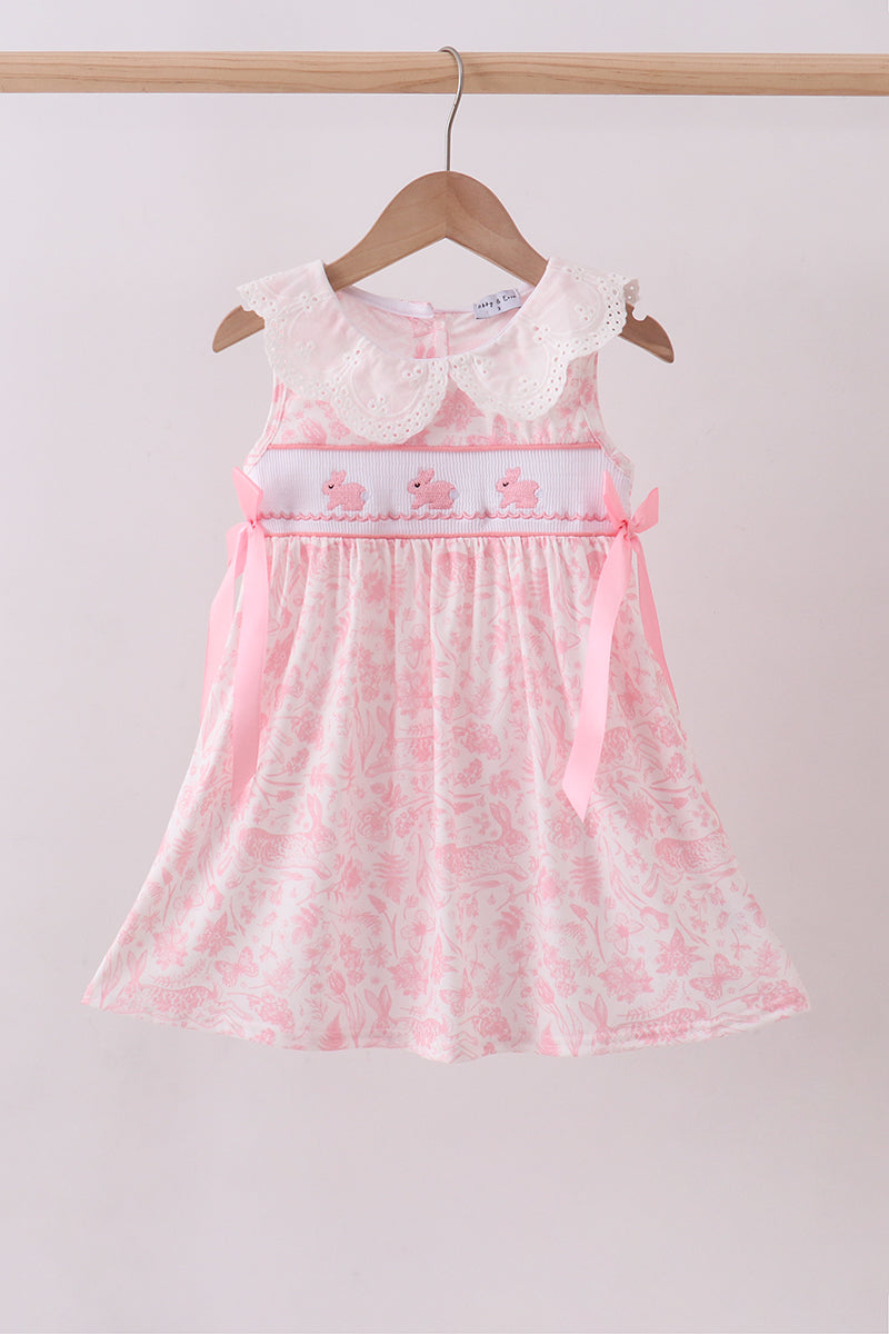 Pink bunny smocked lace collar dress
