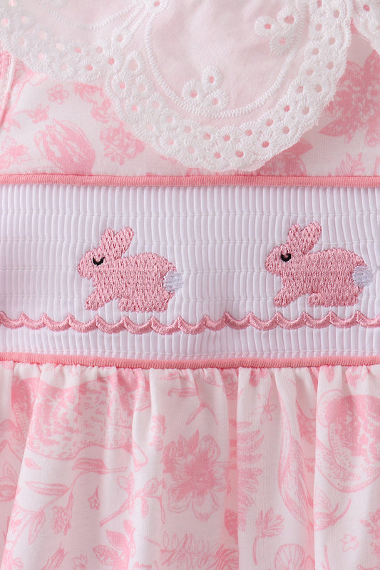 Pink bunny smocked lace collar dress