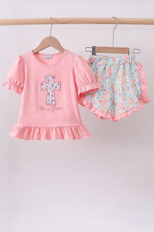 Pink cross applique ruffle shorts set