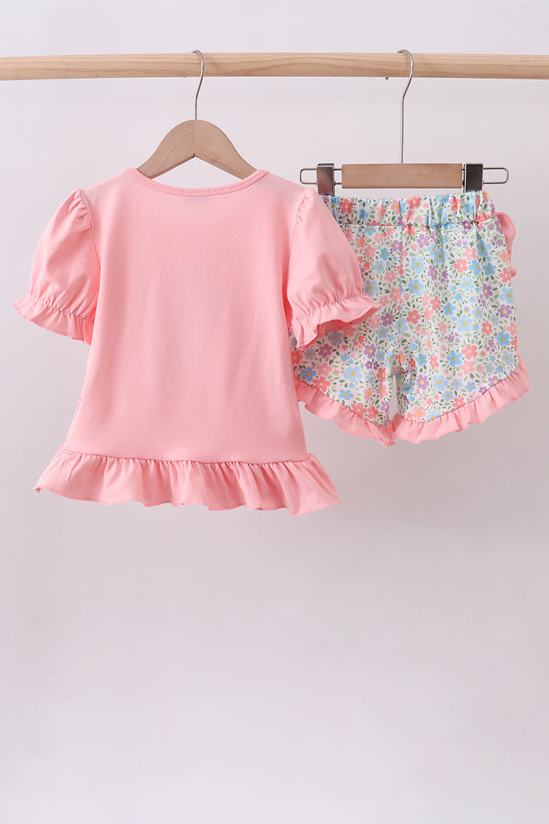Pink cross applique ruffle shorts set