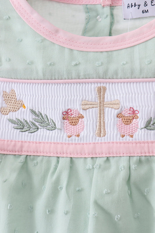 Green swiss dot cross sheep ruffle bubble