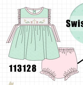Green swiss dot cross sheep ruffle bloomer set