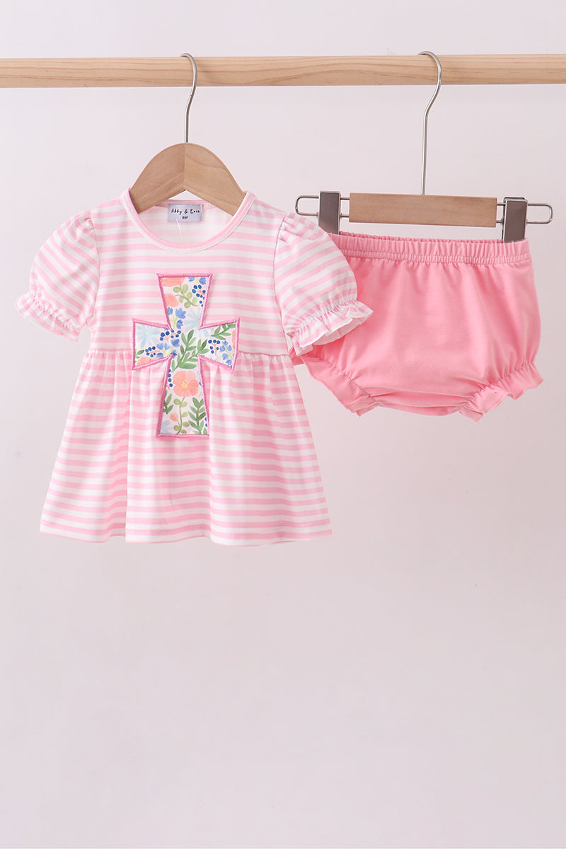 Pink stripe cross applique bloomer set