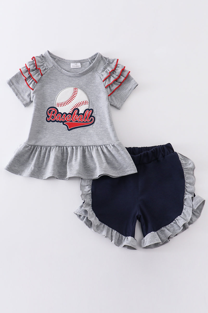 Grey baseball applique ruffle girl set