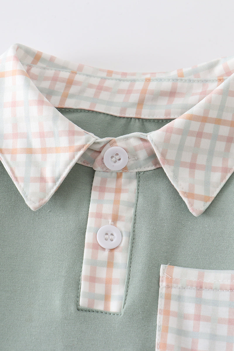 Green button down plaid boy shirt