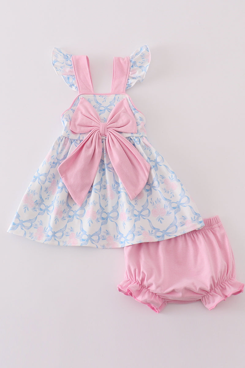 Blue bow tie print girl bloomer set