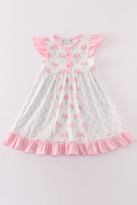 Pink floral bow tie print girl dress