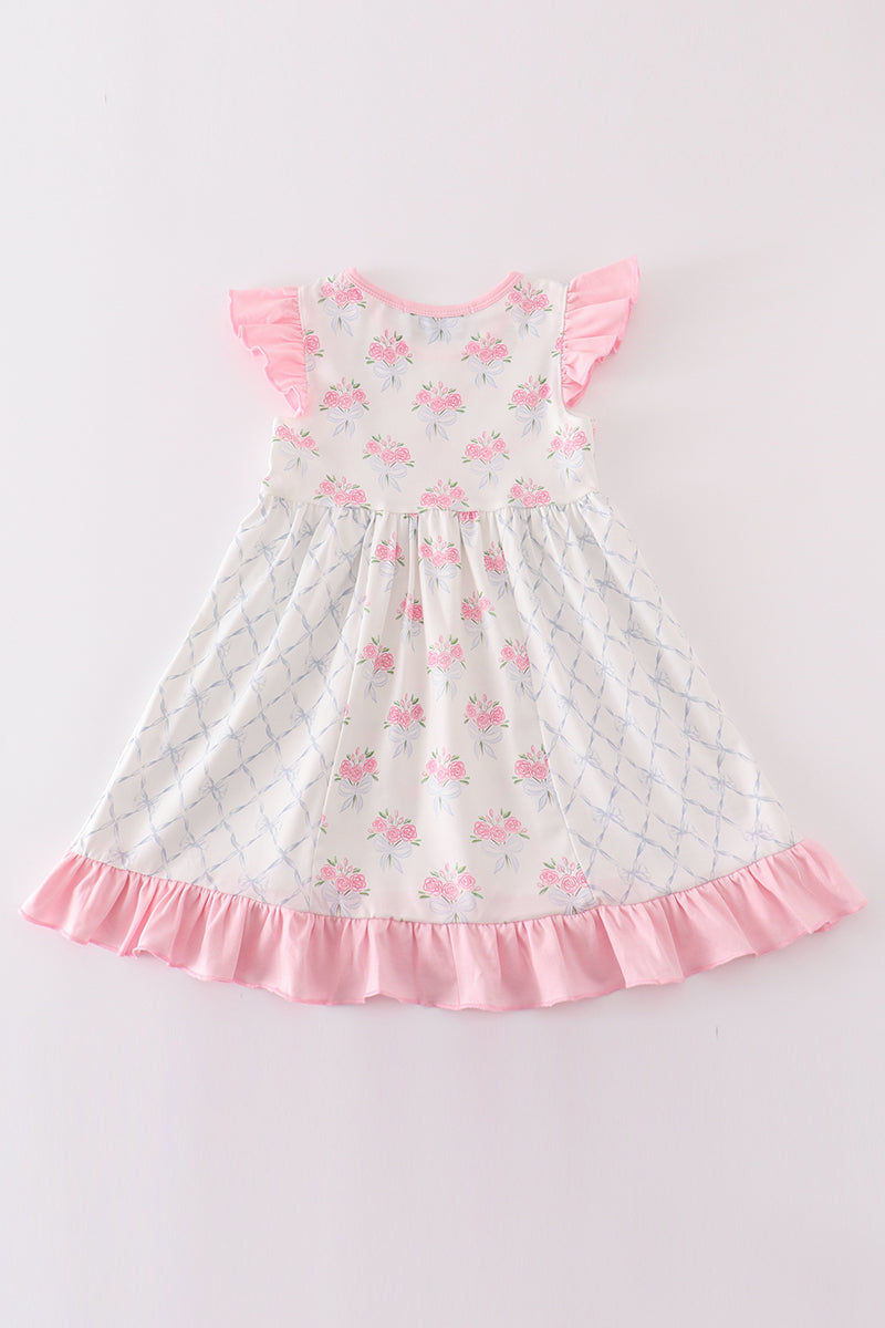 Pink floral bow tie print girl dress