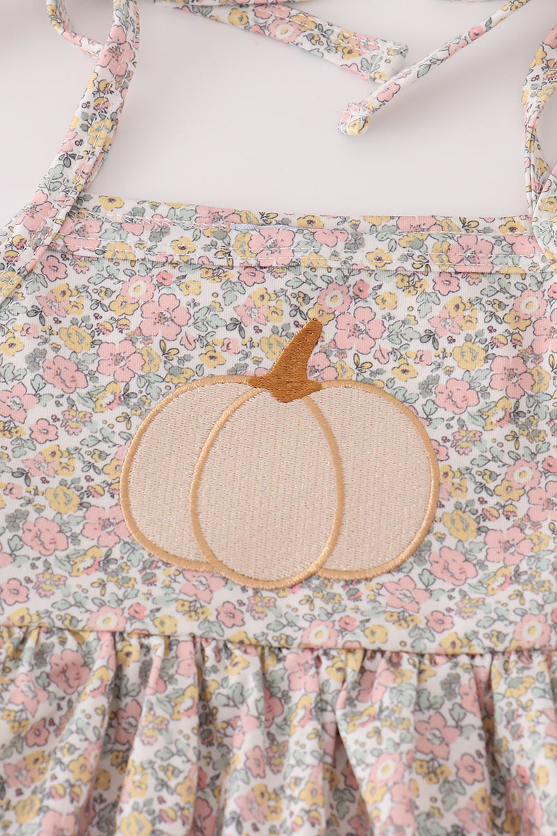 Pink floral print pumpkin embroidery girl set