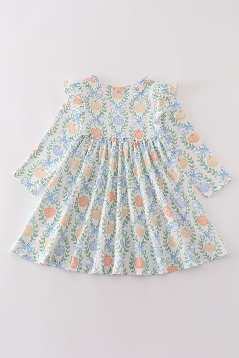 Green pumpkin bow print dress