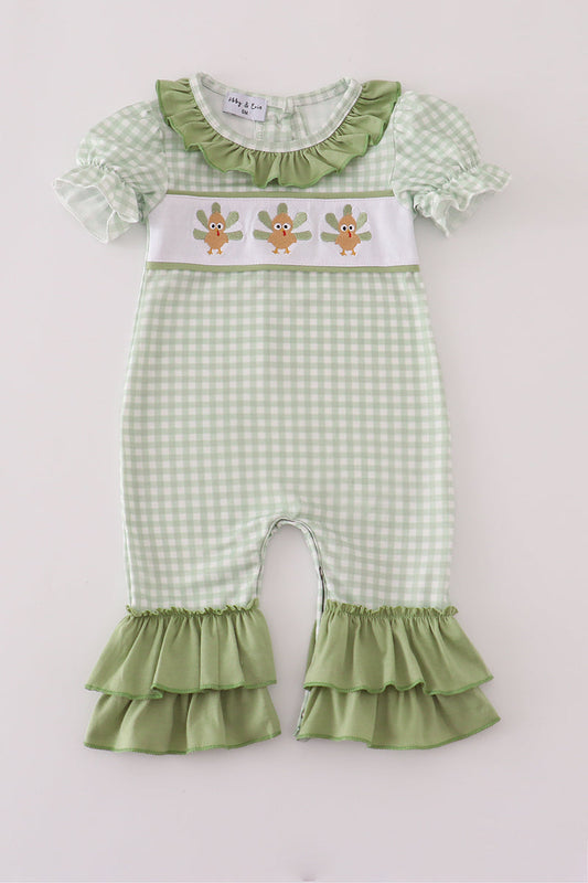 Sage turkey embroidery gingham ruffle romper