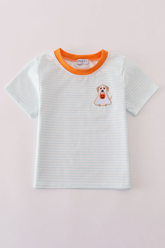 Blue puppy pumpkin embroidery stripe top