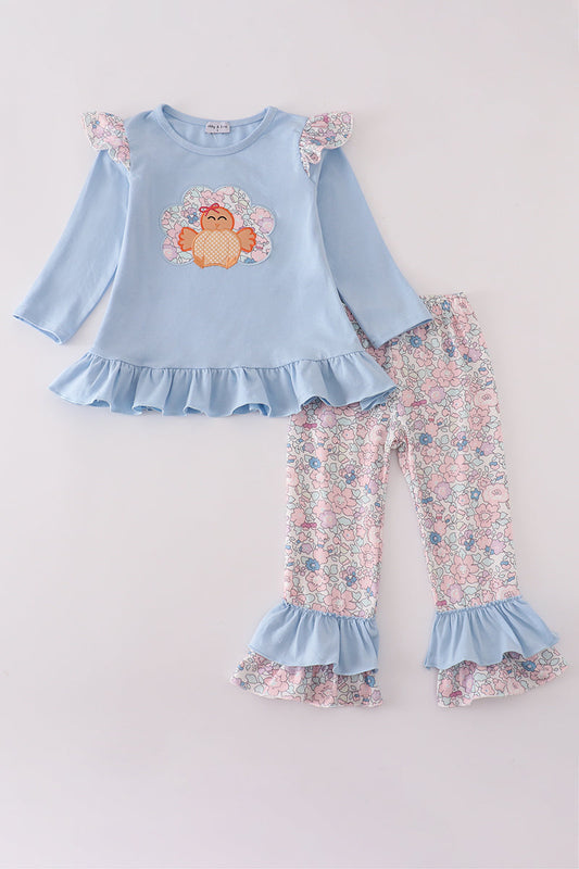 Blue turkey applique ruffle pants set