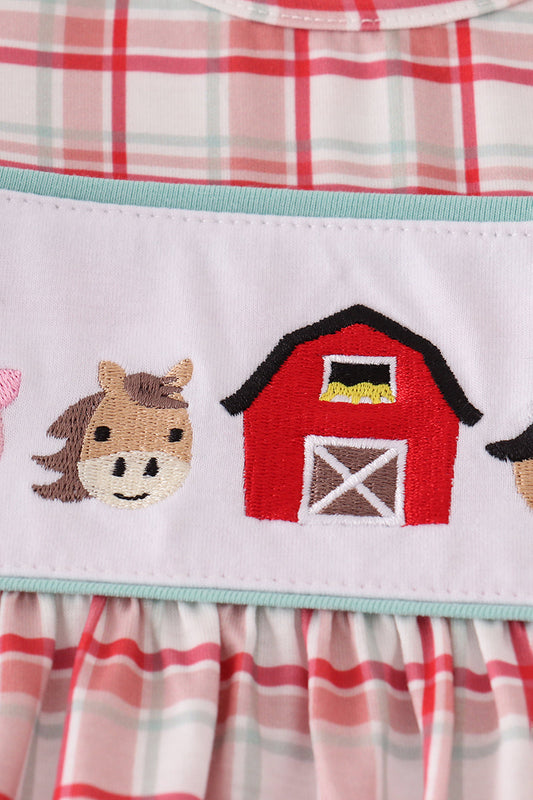Red plaid farm embroidery ruffle pants set
