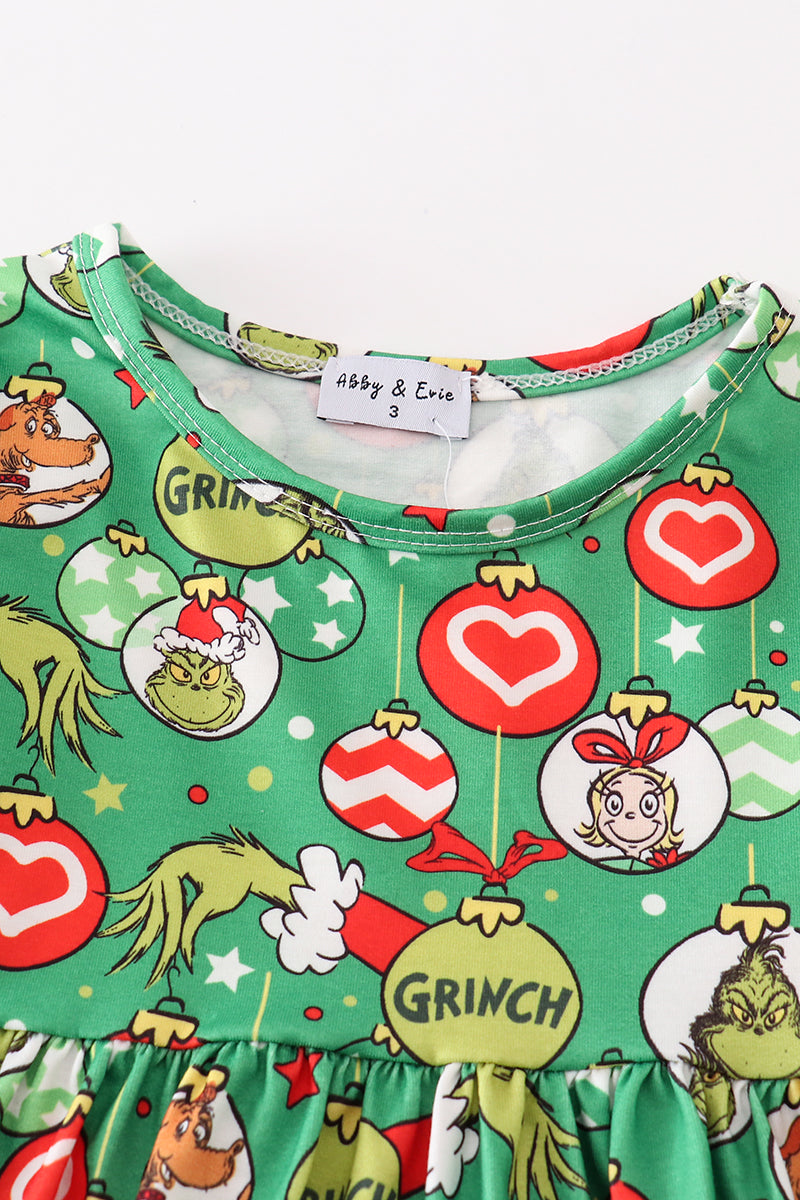 Green grinch print girl ruffle dress