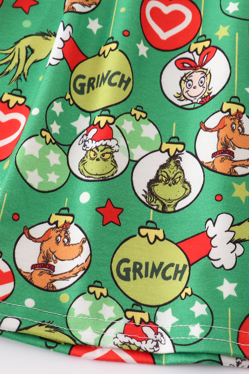 Green grinch print girl ruffle dress