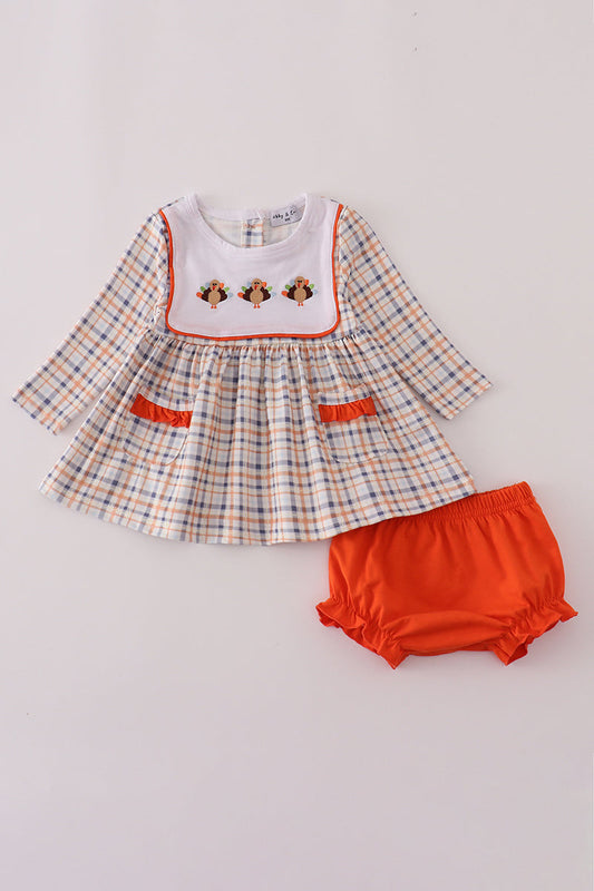 Orange turkey embroidery plaid bloomer set