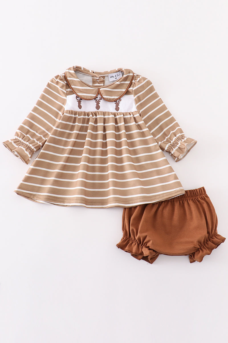 Brown deer embroidery girl bloomer set