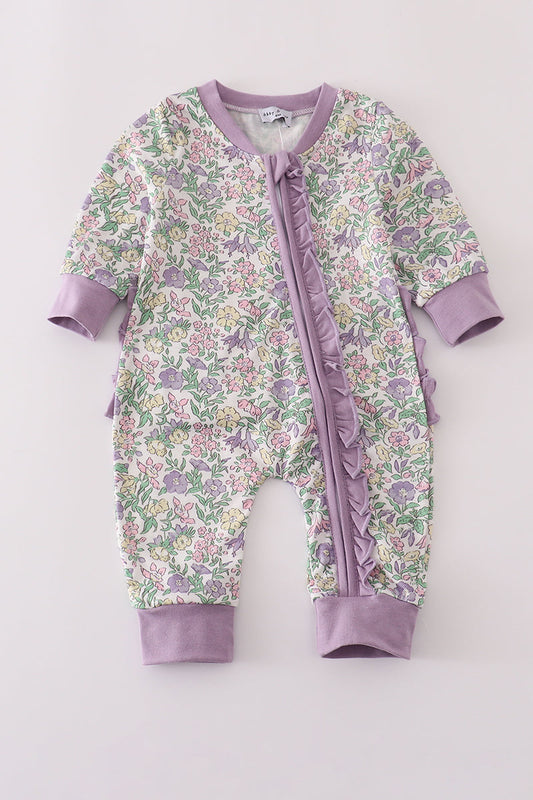 Purple floral print ruffle romper