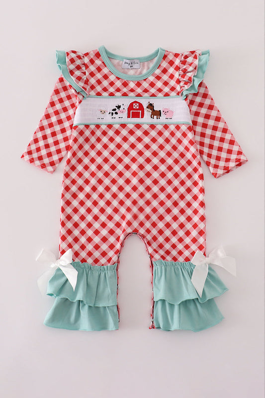 Red farm smocked ruffle romper