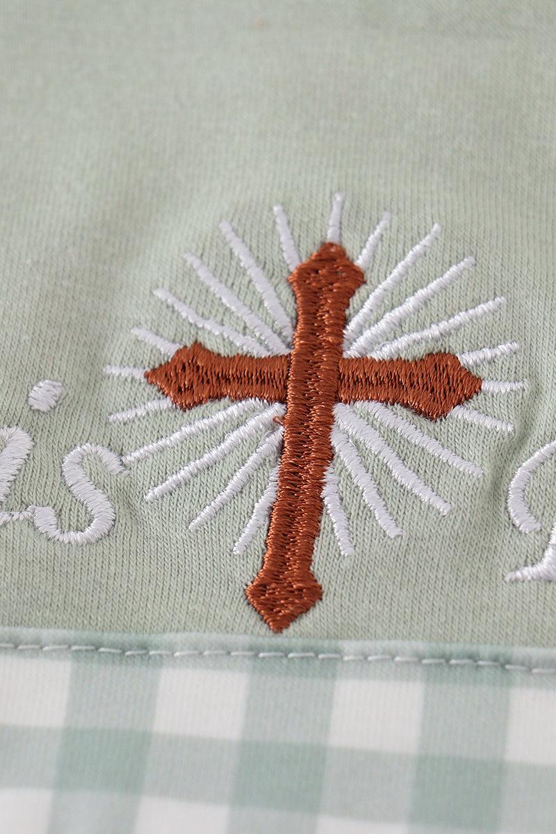 Sage easter he is risen cross embroidery boy bubble