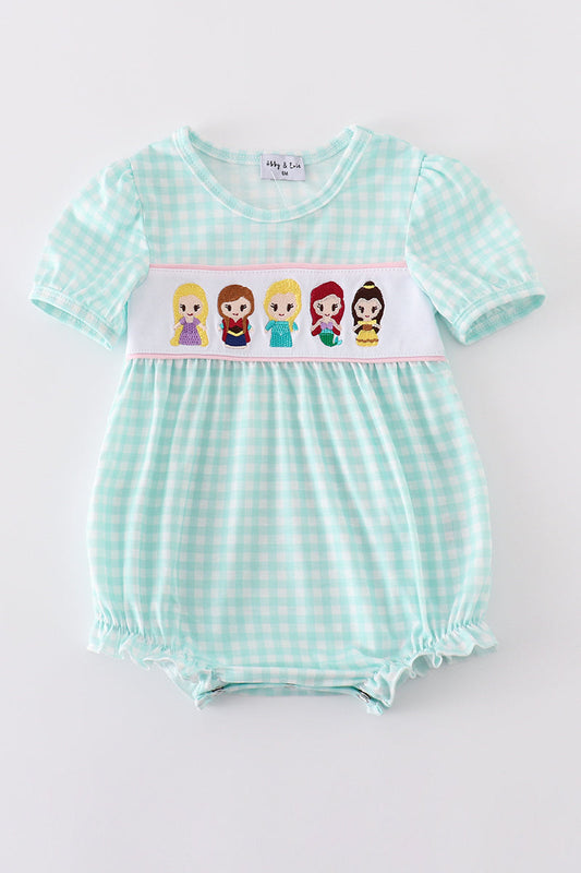 Blue princess embroidery girl gingham bubble