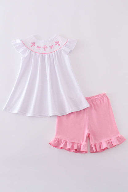 Pink cross embroider smocked set