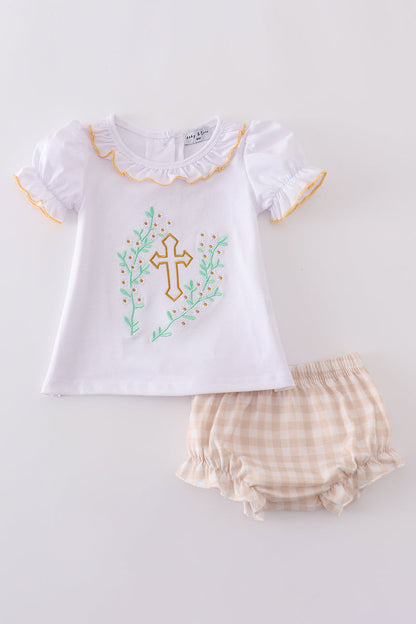 Easter cross embroidery girl bloomer set