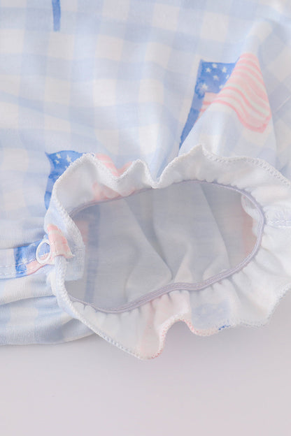 Blue flag embroidery smocked gingham bubble