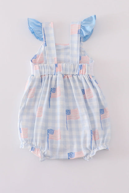 Blue flag embroidery smocked gingham bubble