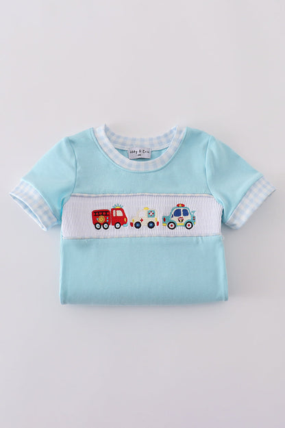 Blue fire truck police car embroidery smocked romper