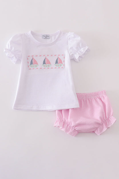 Pink stripe seersucker sailboat embroidery bloomer set